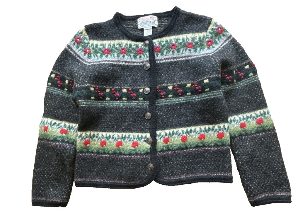 Tally Ho Wool Floral Cardigan Vtg Hong Kong L Shrunk Cropped Sweater EUC
